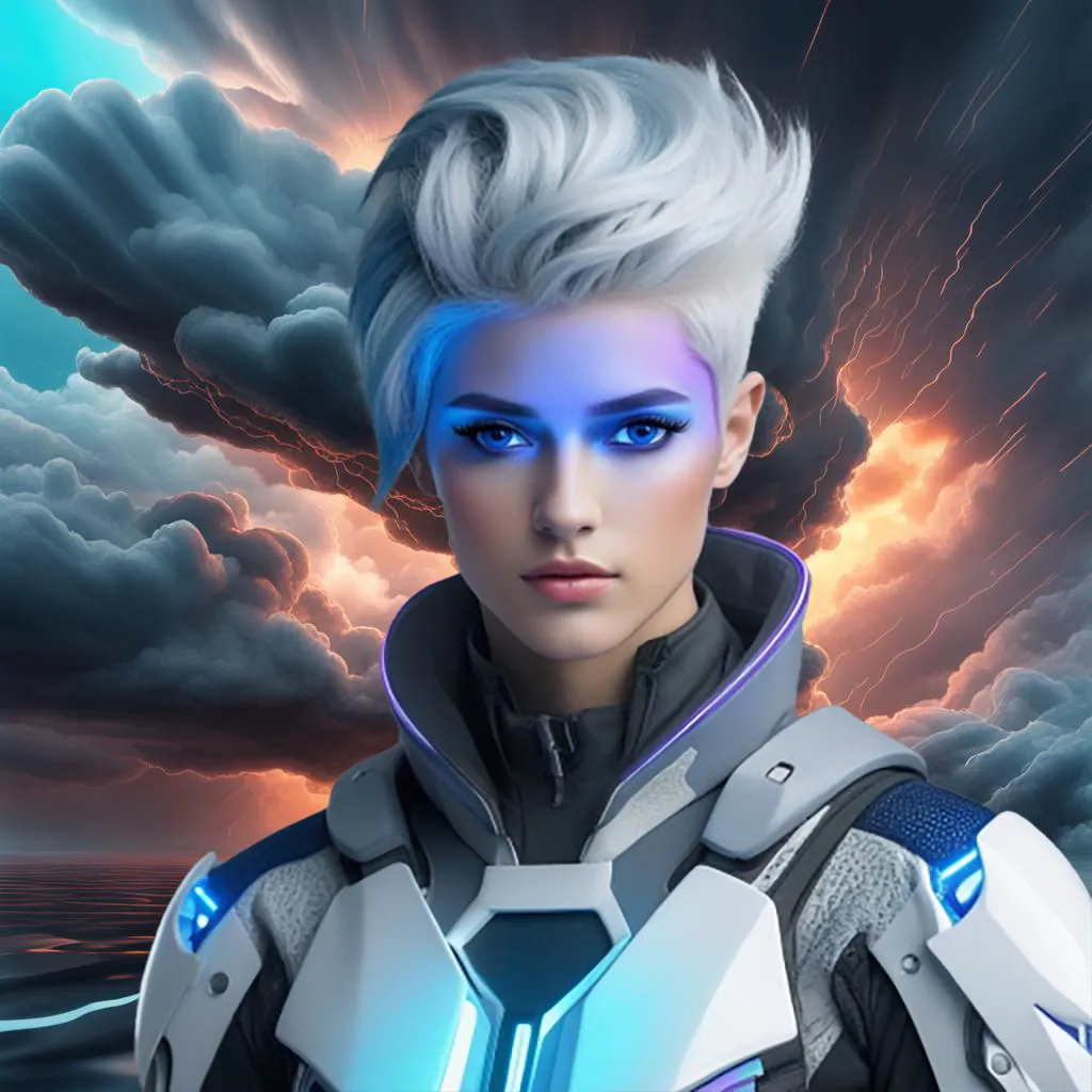 a woman flicks white hair and flashing blue eyes standing in front of a moving cloudy sky