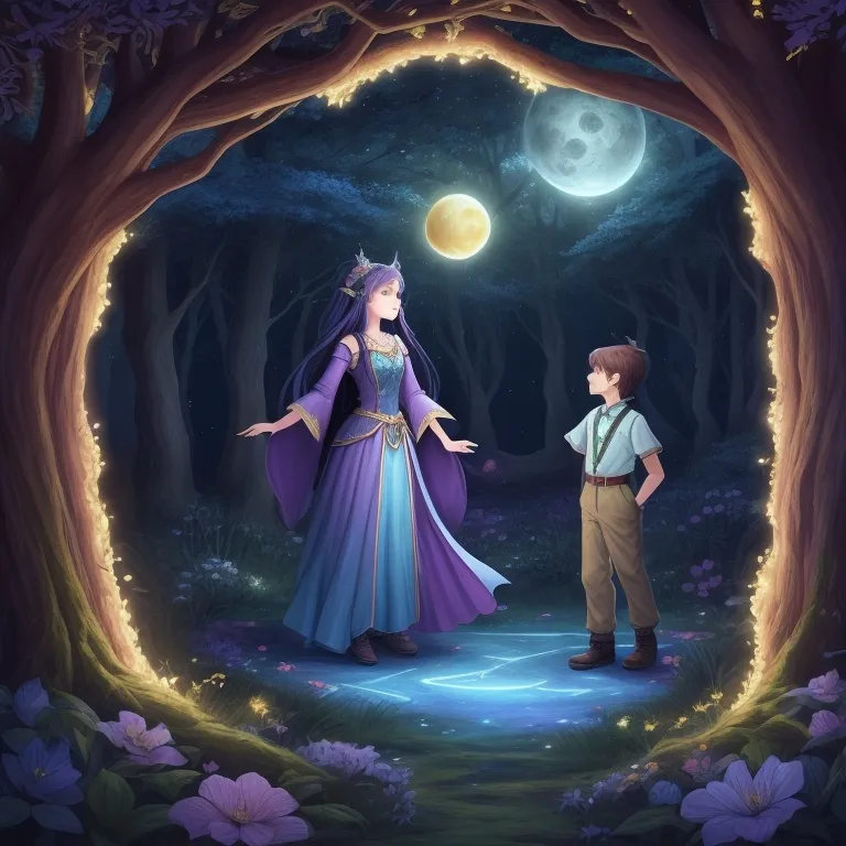 a boy and a girl standing in a forest