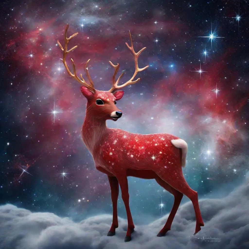 a painting of a red deer standing in the clouds, majestic 