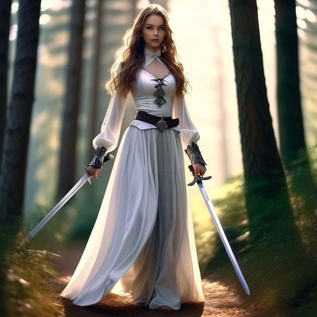 a woman in a white dress holding two swords