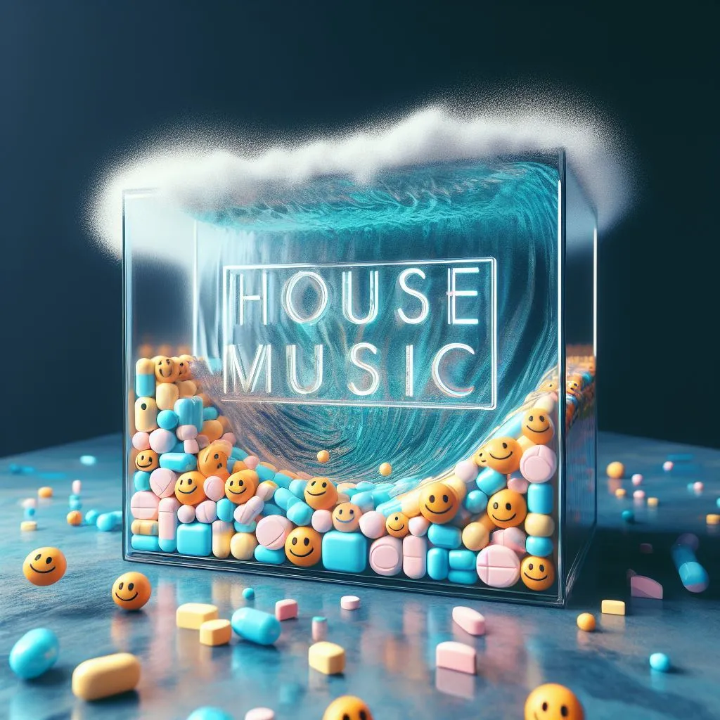 a glass block with the words house music surrounded by colourful pills with an ocean wave on top