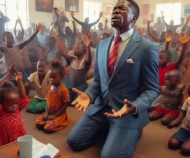 a man in a suit sweating and praying sitting in front of a group of children