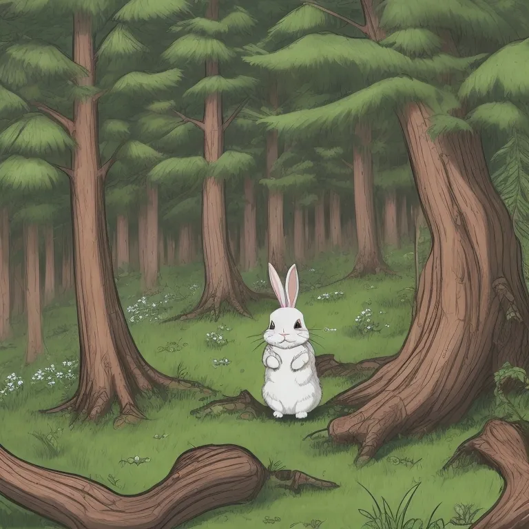 a white rabbit sitting in the middle of a forest