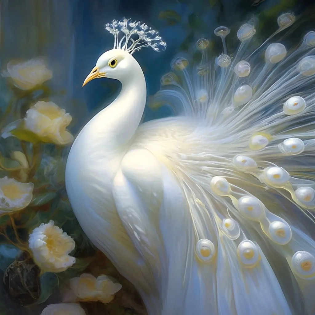 a painting of a white peacock surrounded by flowers