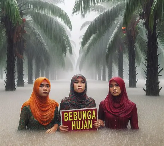 three women holding a sign in front of a row of palm trees