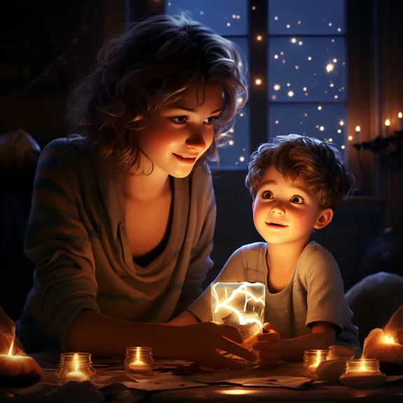 Young girl unsure of magic spell her mother is teaching her by candlelight