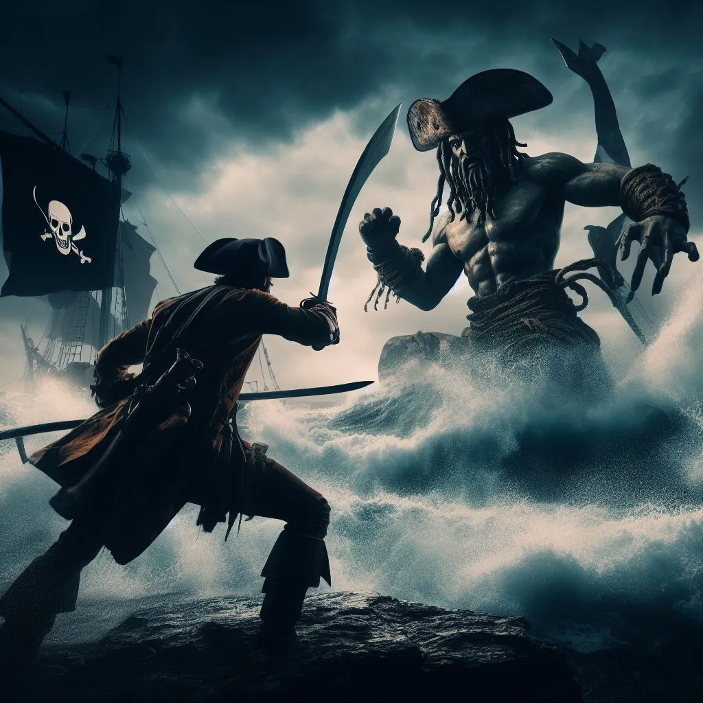 Pirate fighting Poseidon in the ocean with a ship in the background