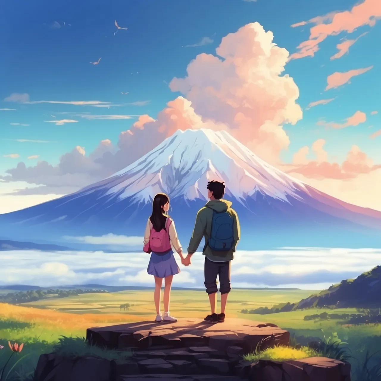 a man and a woman holding hands looking at a mountain