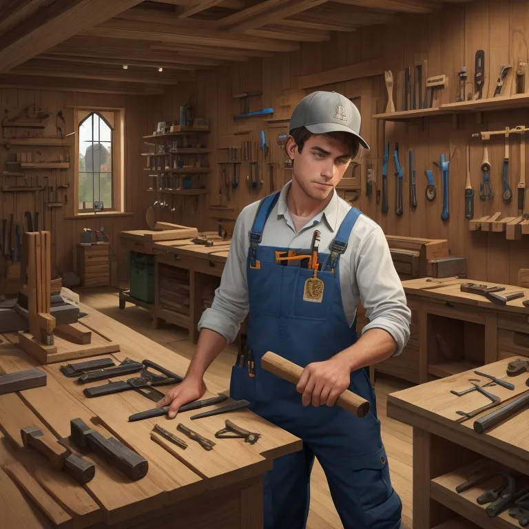 a man holding a hammer in a wood shop