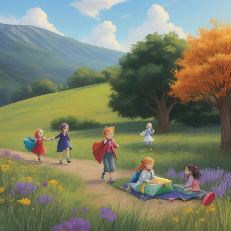 a painting of children playing in a field