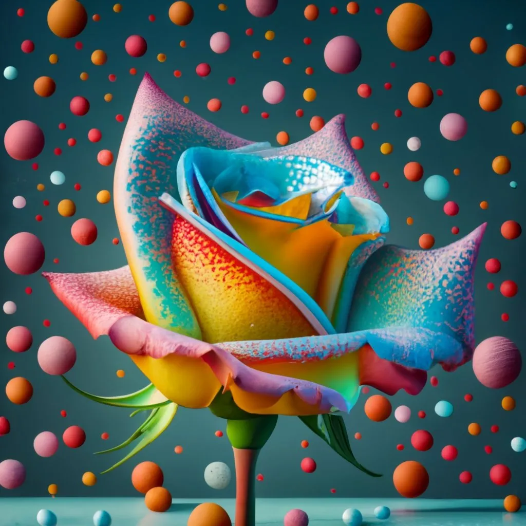 a painting of a rainbow colored rose surrounded by bubbles