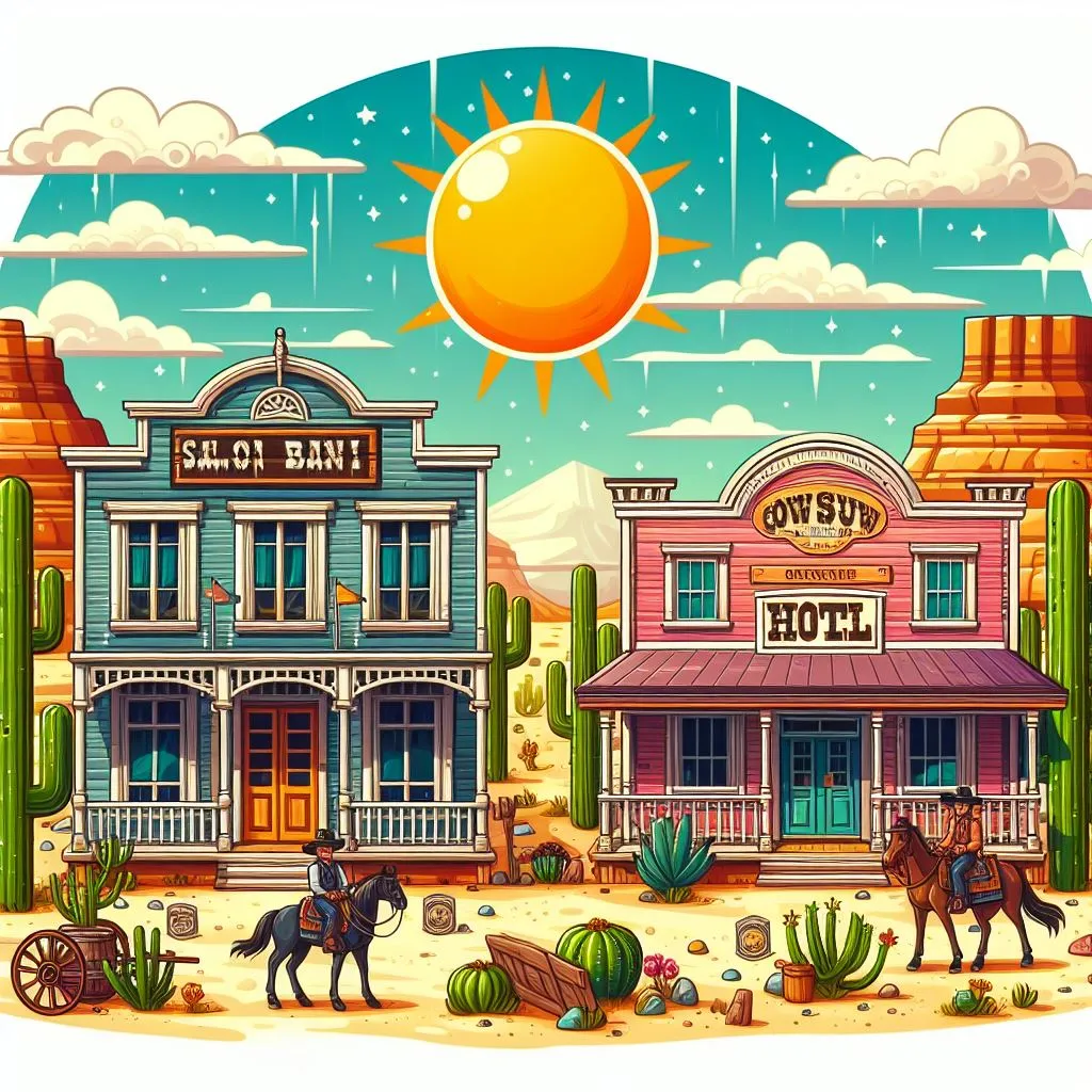 a drawing of a western town with a sun in the sky