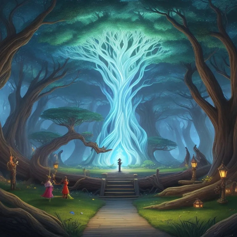 a painting of a forest with a stairway leading to a glowing tree