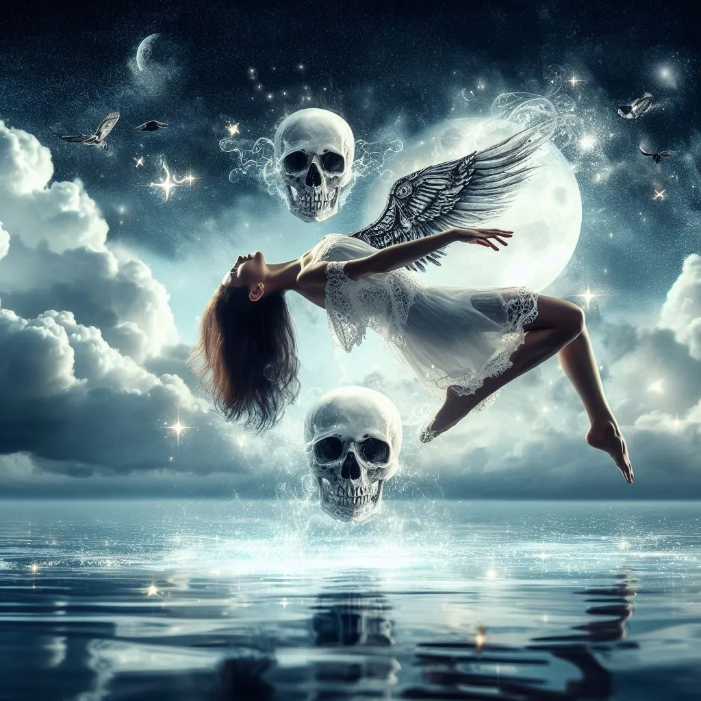 a woman in a white dress floating in water next to two skulls