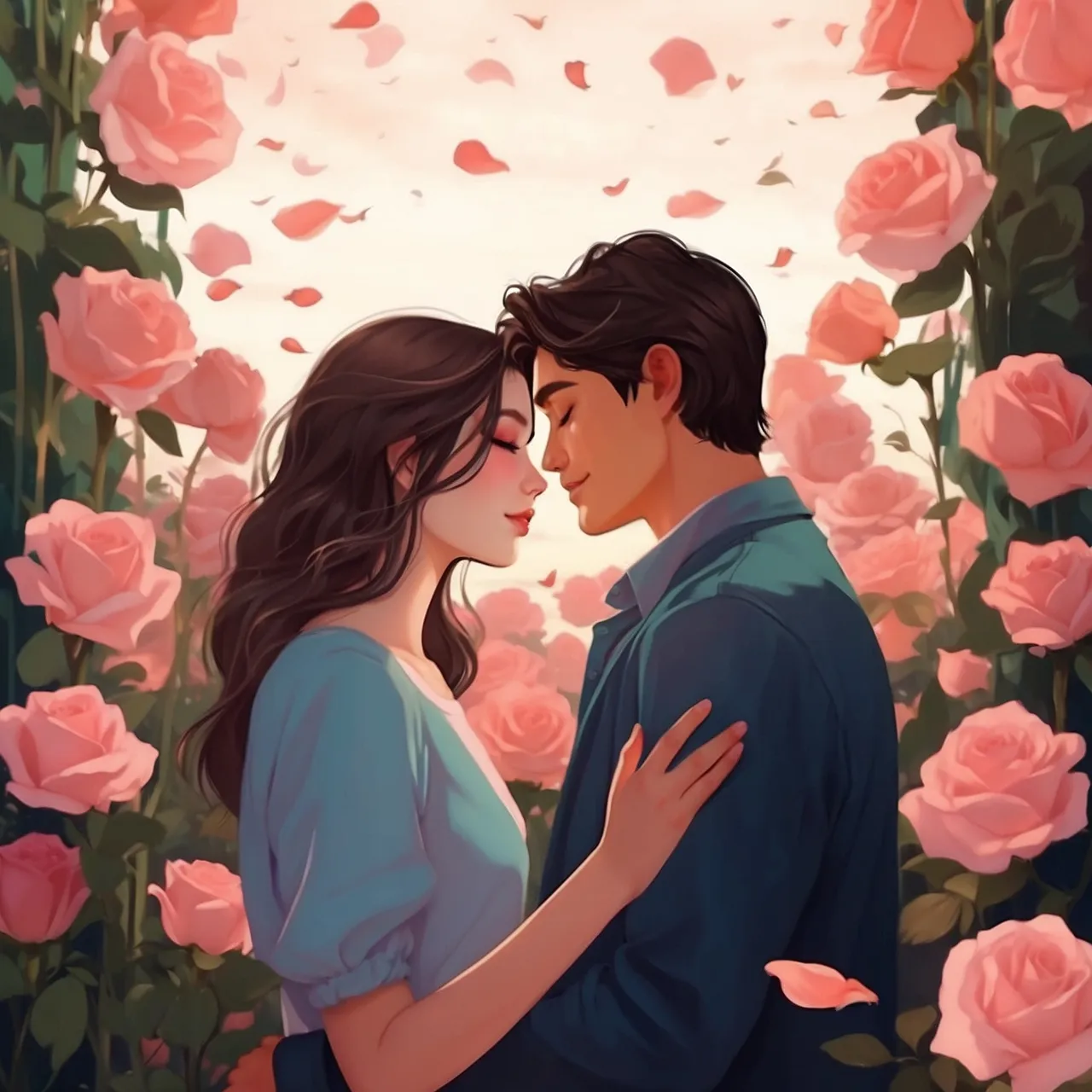 a man and a woman standing in front of roses