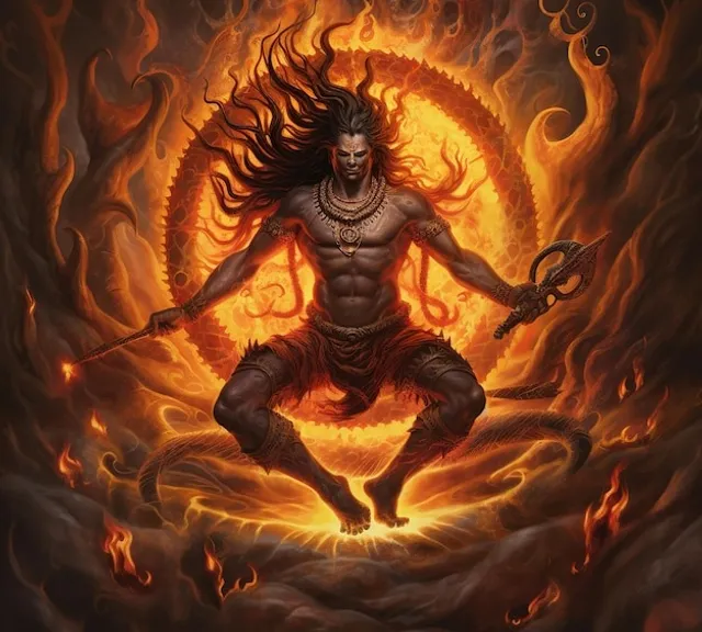 a painting of a demon with a sword in his hands