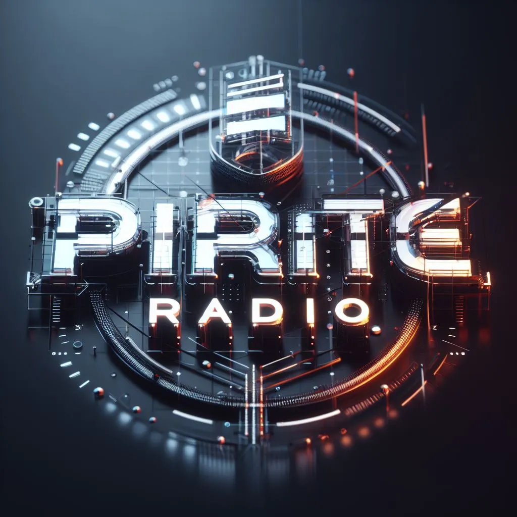 a logo for a pirate radio station, Futuristic, Cyber Genetics, High Detail, Realistic, Glossy, Motion Graphics, 16K Animation