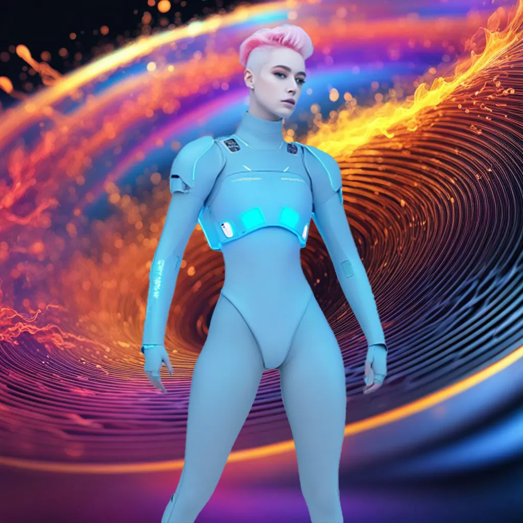 a woman in a electrified blue bodysuit standing in front of a moving colorful background