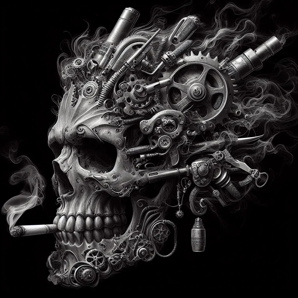 a skull with gears and a cigarette in its mouth