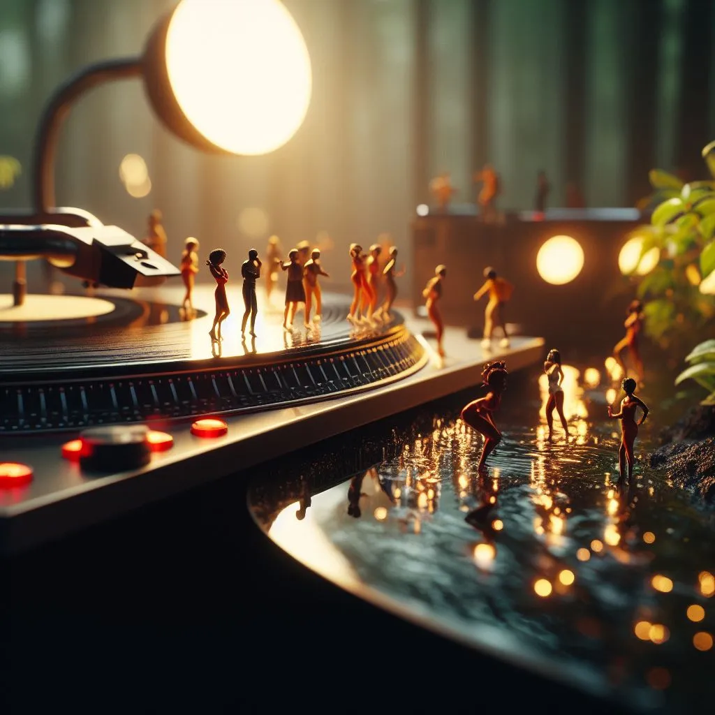 Robot figurines in futuristic cityscape with holographic record player