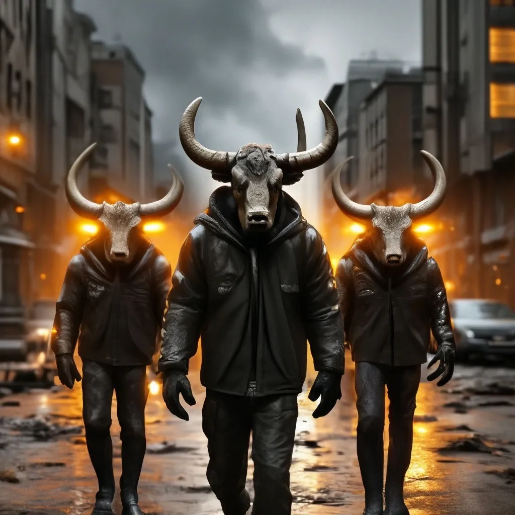 a group of men walking down a street with bulls on their heads