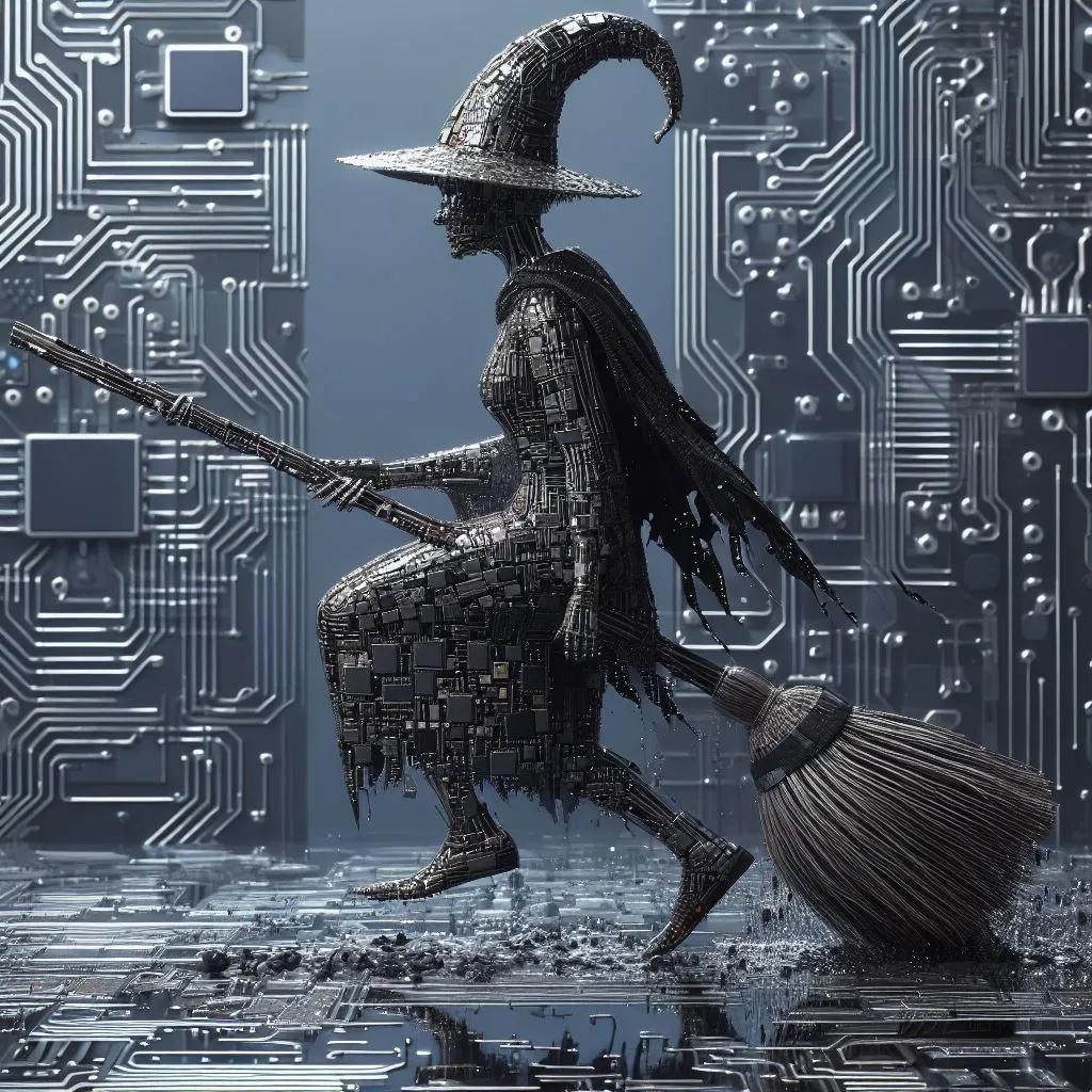 Cyborg witch on a broomstick covered in mud in a circuit board corridor, Futuristic, Slick, Glossy, Highly Detailed, Dynamic Movement, Cinematic, Realistic, 16K HD Movie