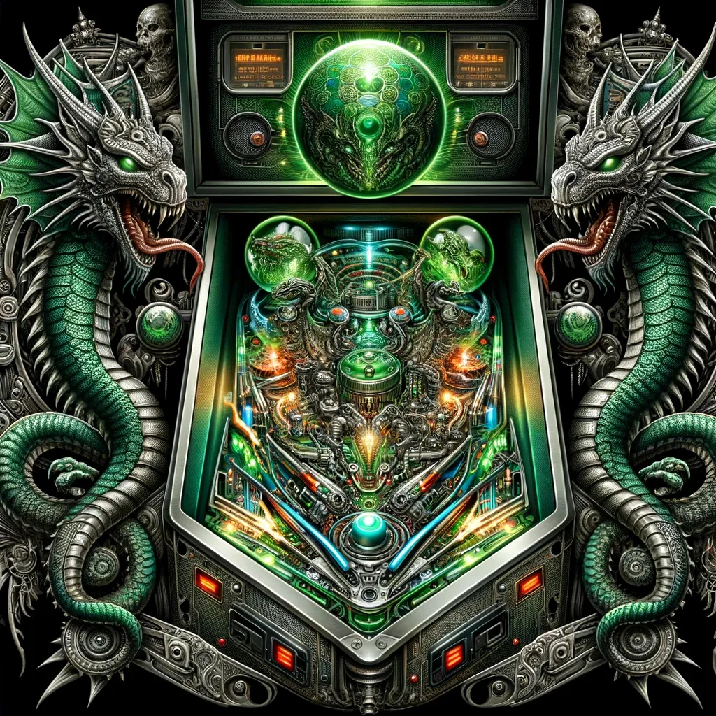 Please make a video of this image, it's an alien pinball machine so it should have blinking lights and visual fx related to pinball graphics