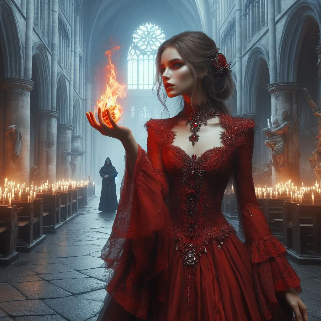 a woman in a red dress holding a flame