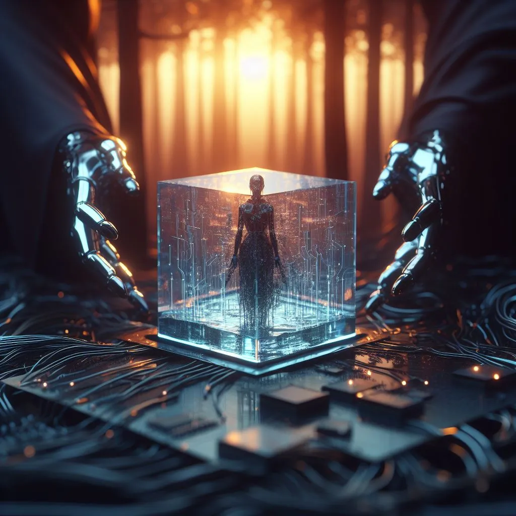 two hands holding a glass cube with a figure inside of it