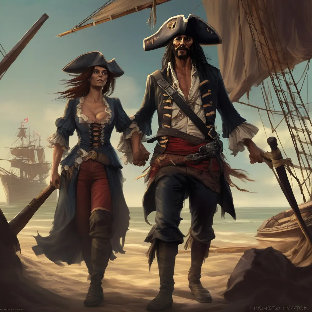 Pirate man and brown haired Pirate woman, walking on the beach together in love.