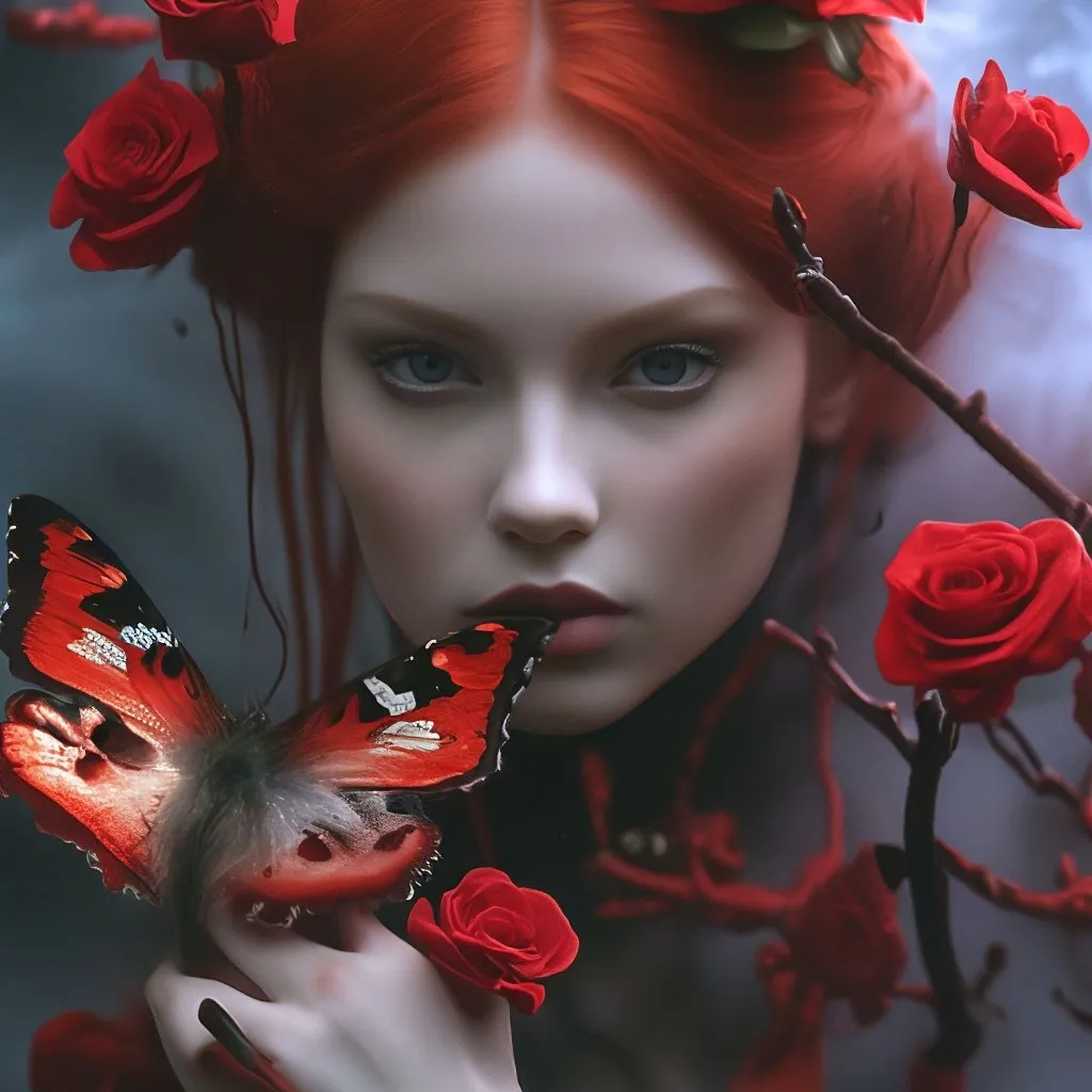 a woman with red hair holding a butterfly