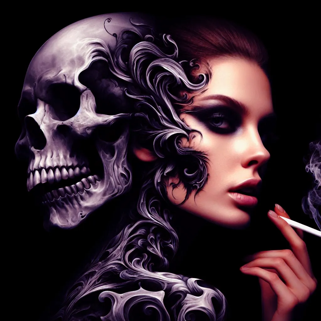 a woman smoking a cigarette next to a skull