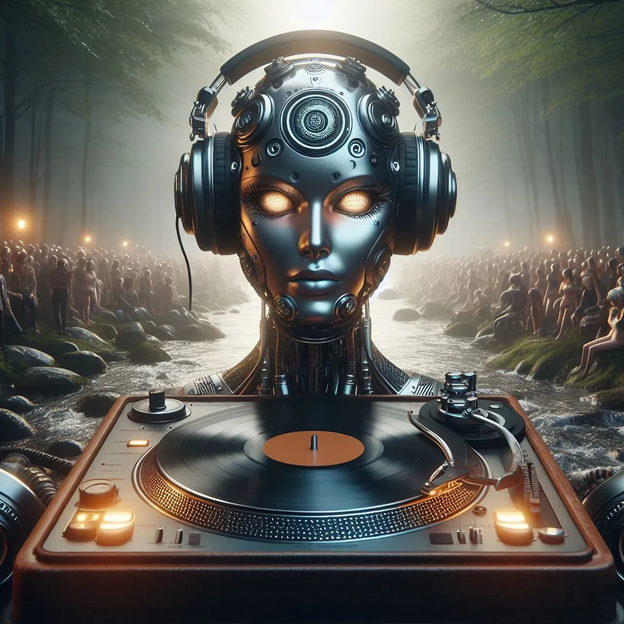 a Robot dj mixing on a turntable in front of a crowd of people