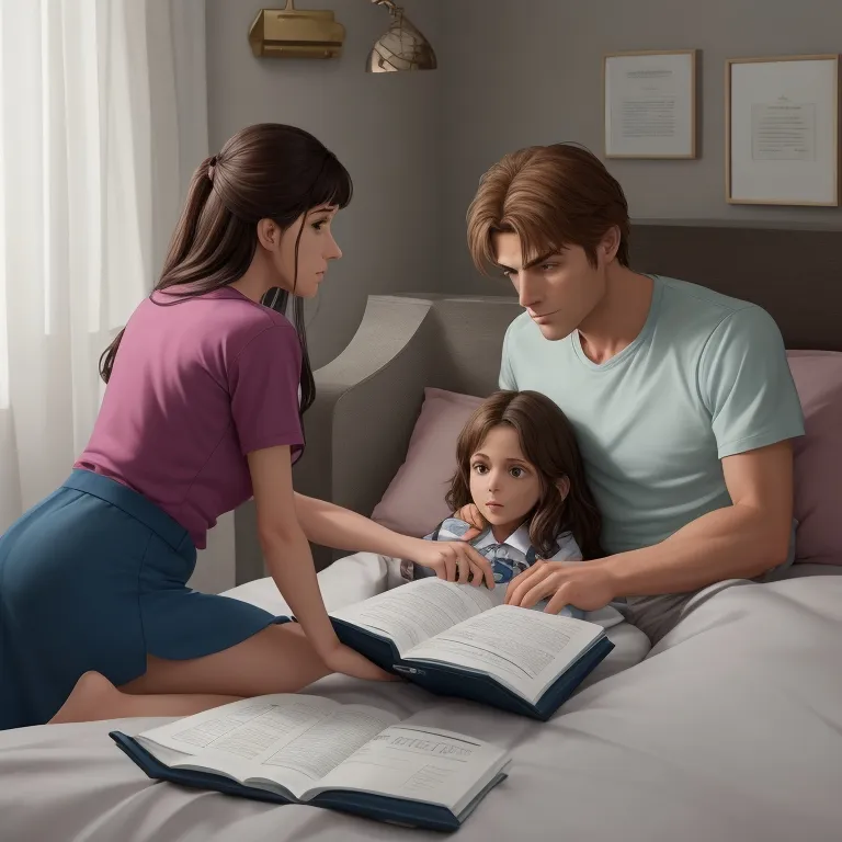 a man and a woman reading a book to a little girl