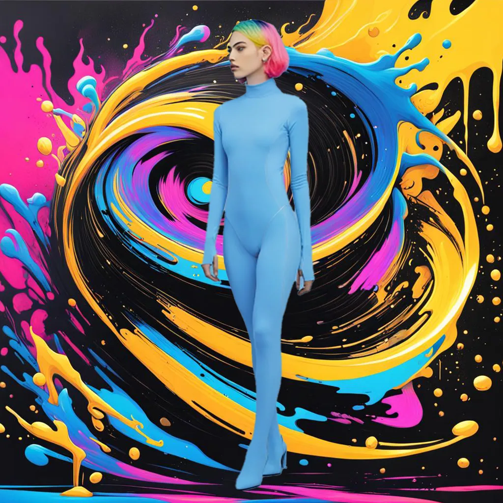 a woman in a blue bodysuit dancing in front of a moving painting