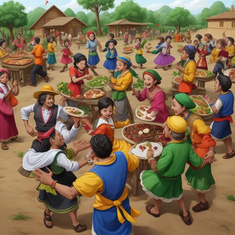 The villagers coming together to celebrate the newfound abundance with Milo at the center.
•	Additional Elements: Tables filled with fruits and food, villagers dancing and rejoicing
