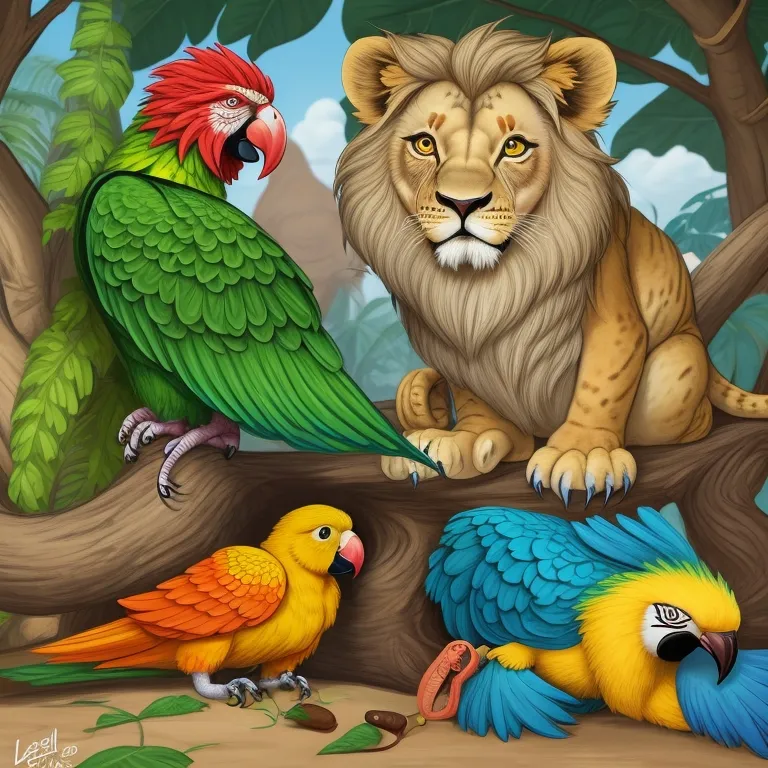 a group of birds and a lion in a forest