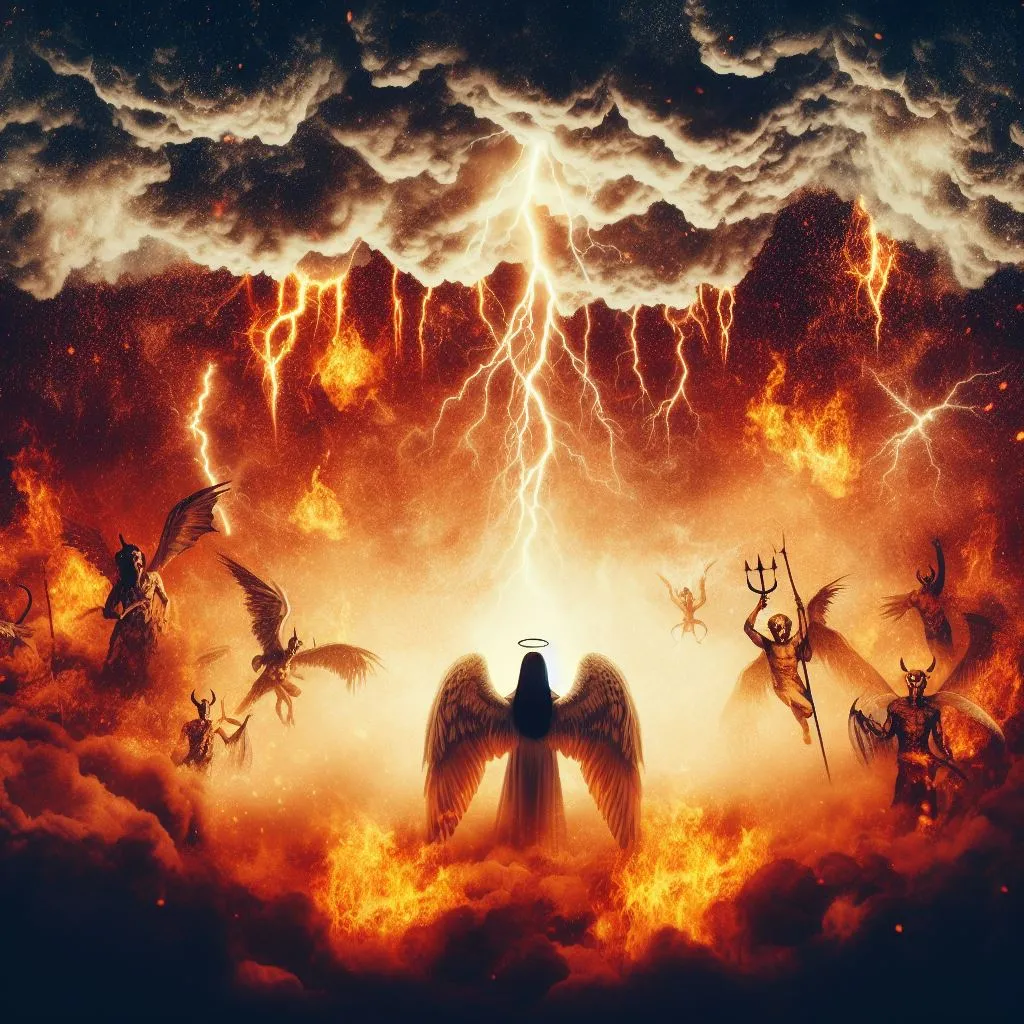 a painting of a group of people surrounded by fire and lightning