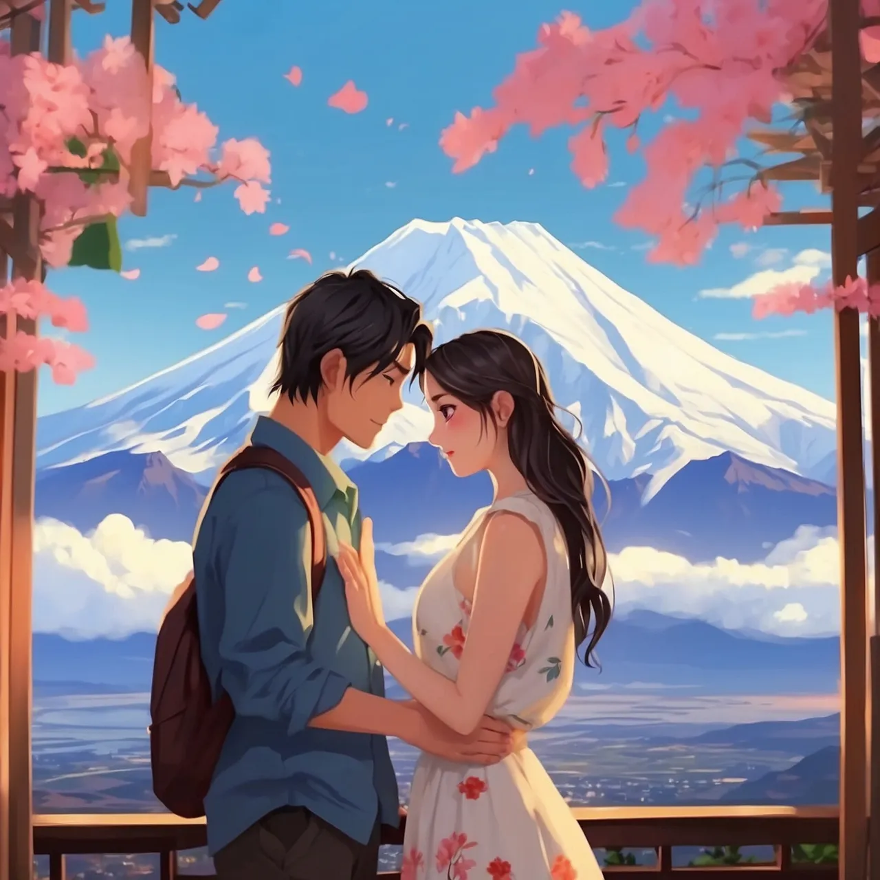 a couple standing next to each other in front of a mountain