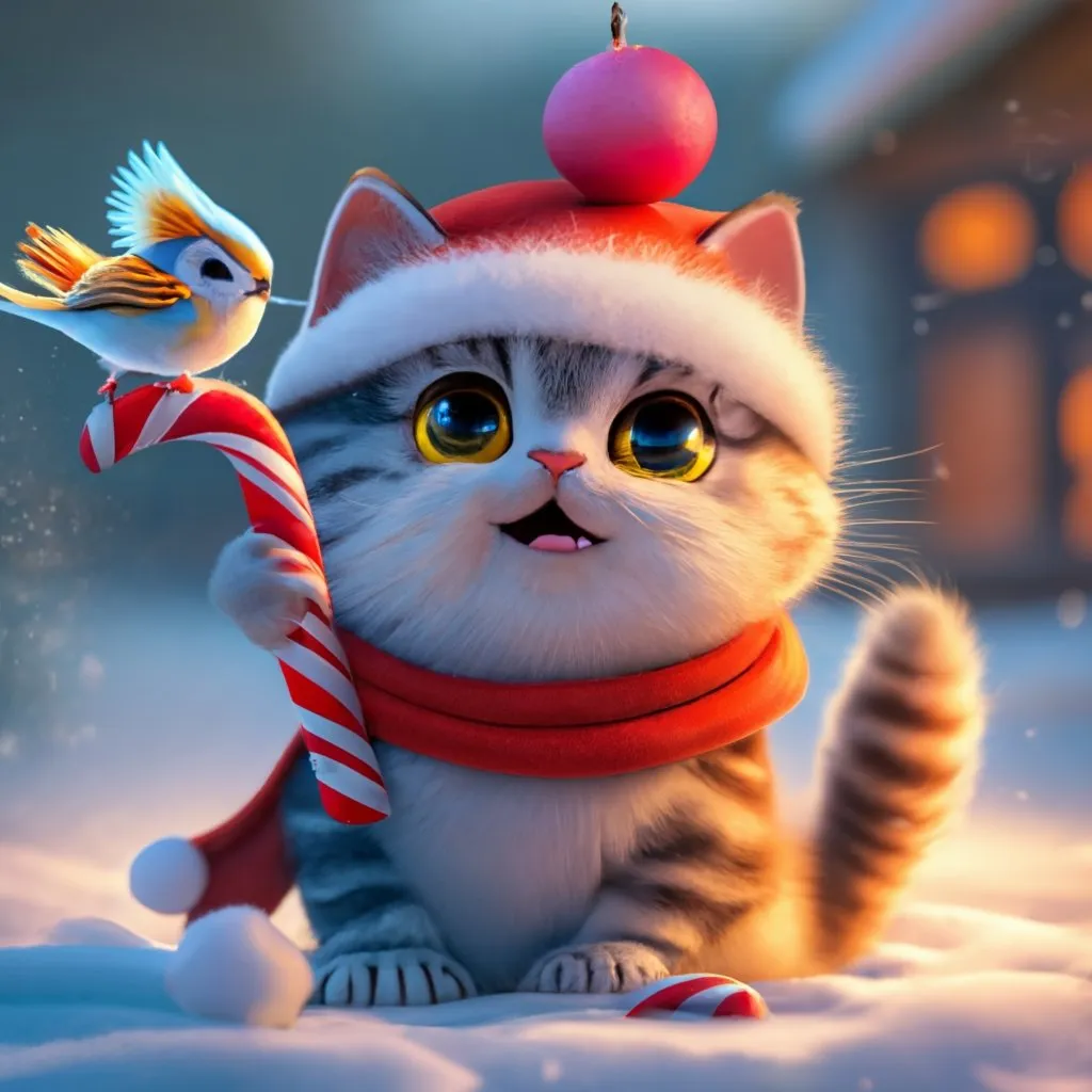 a cat wearing a santa hat and scarf holding a candy cane