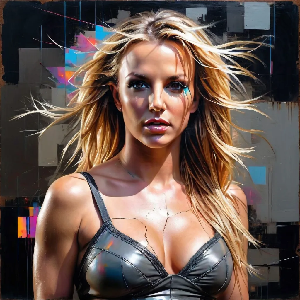 highly detailed Britney Spears hyper realistic abstract painting with a breathtaking beautiful face and perfect symmetrical detailed brown Smokey eyes, beautiful blonde straight hair that’s waving and blowing perfect in the wind, pinup model, depth of field, 8k octane render, UHD, atmospheric cinematic lighting, intricate and detailed, ultra high quality, directed by Steven Klein,