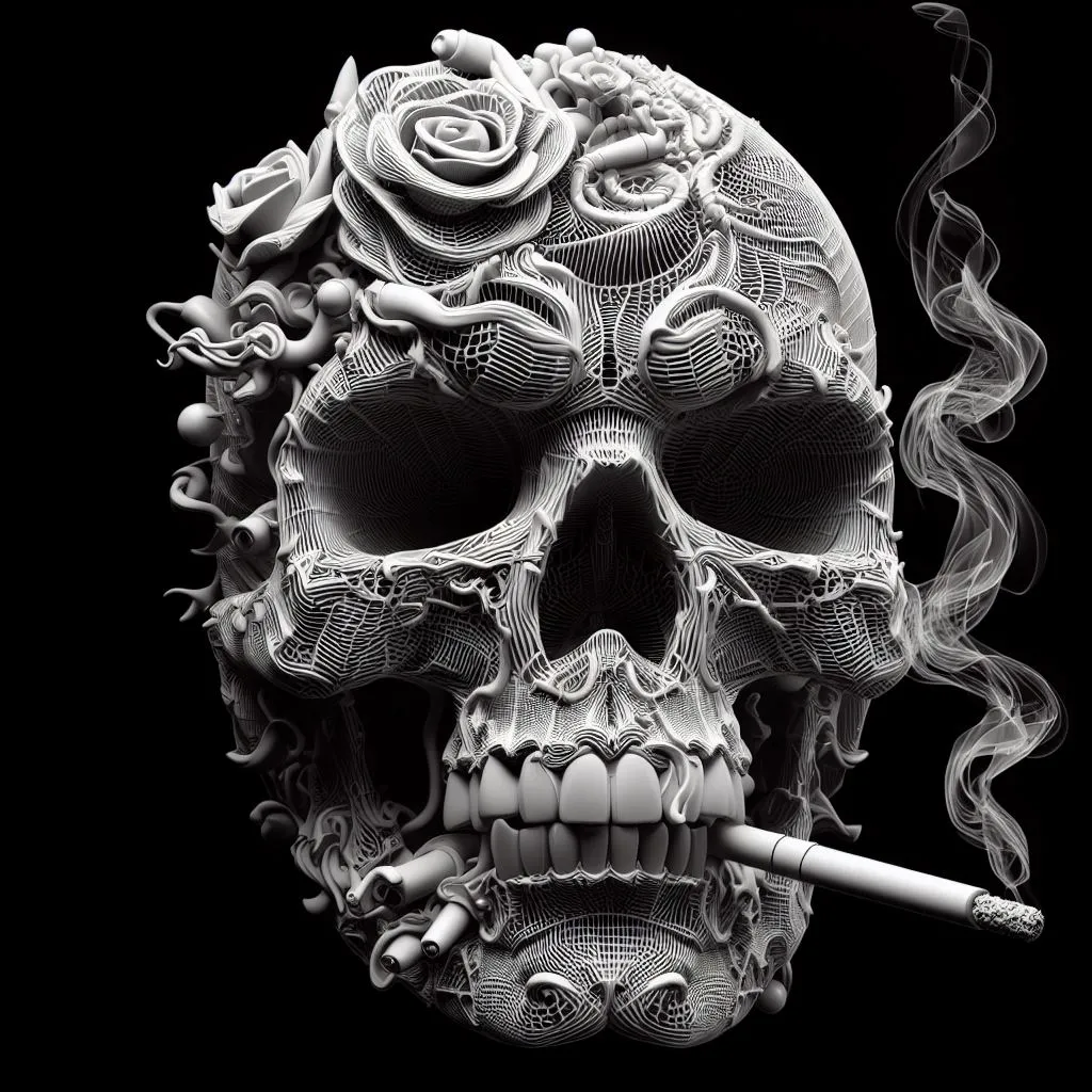 a skull with a cigarette in its mouth