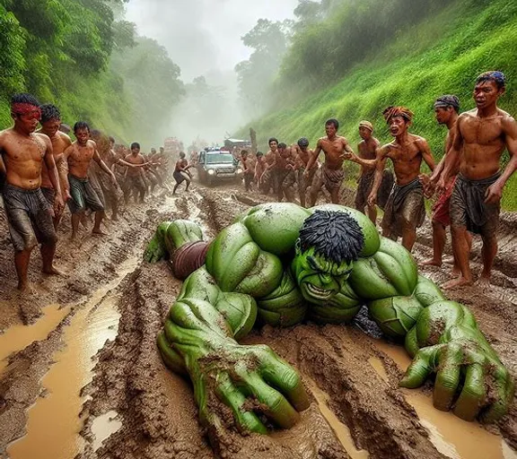 a group of people standing around a giant hulk