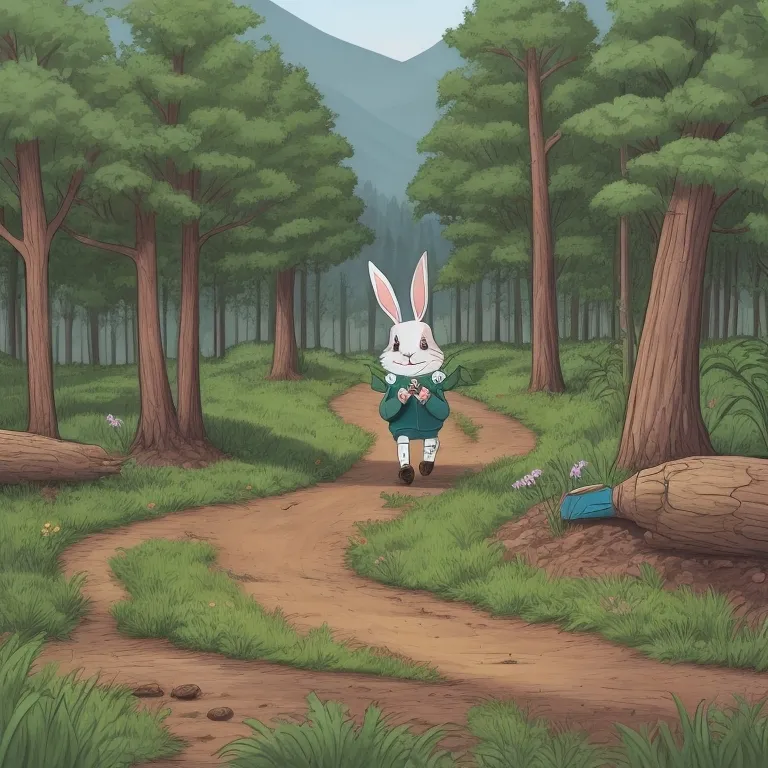 a rabbit is walking down a path in the woods