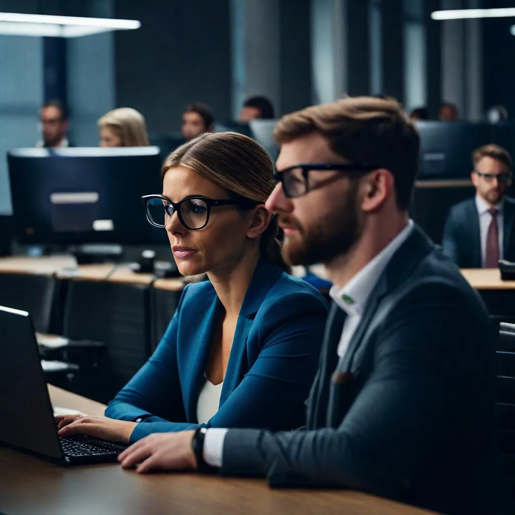 a man and a woman sitting in front of a laptop computer