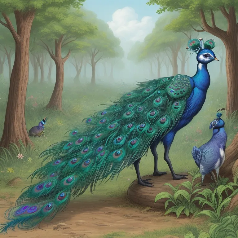 a painting of two peacocks in a forest