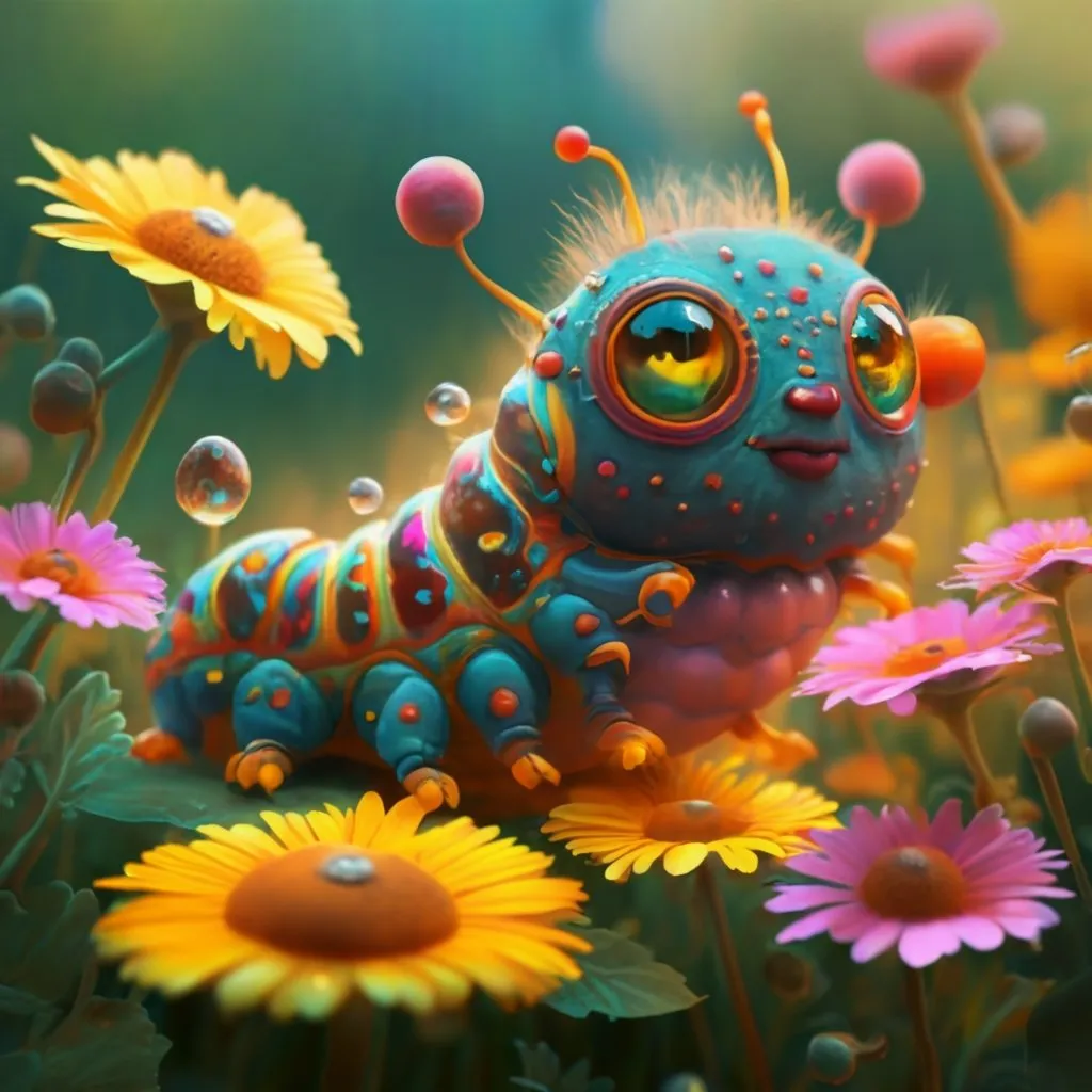 a blue caterpillar sitting on top of a field of flowers