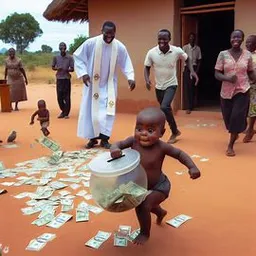 a small child holding a bucket full of money