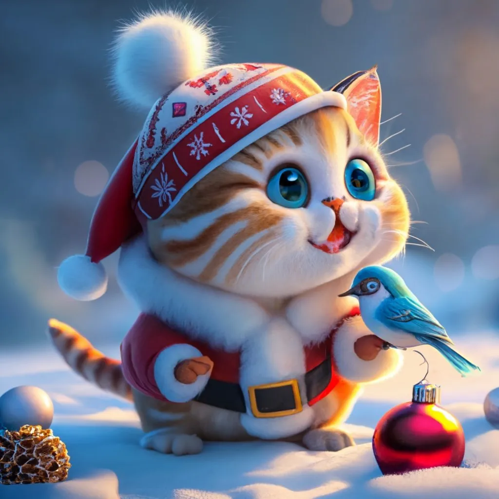 a cat wearing a santa hat and holding a bird