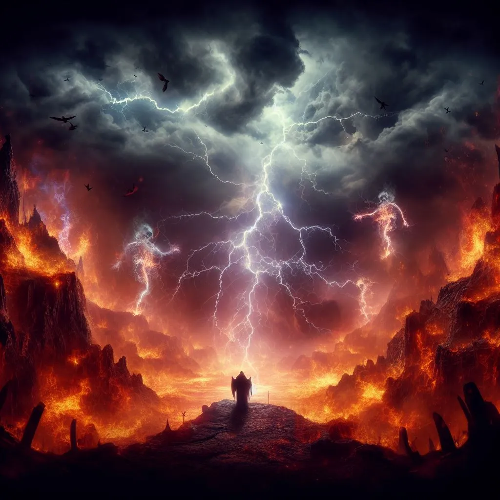 a man standing on a hill in front of a lightning storm